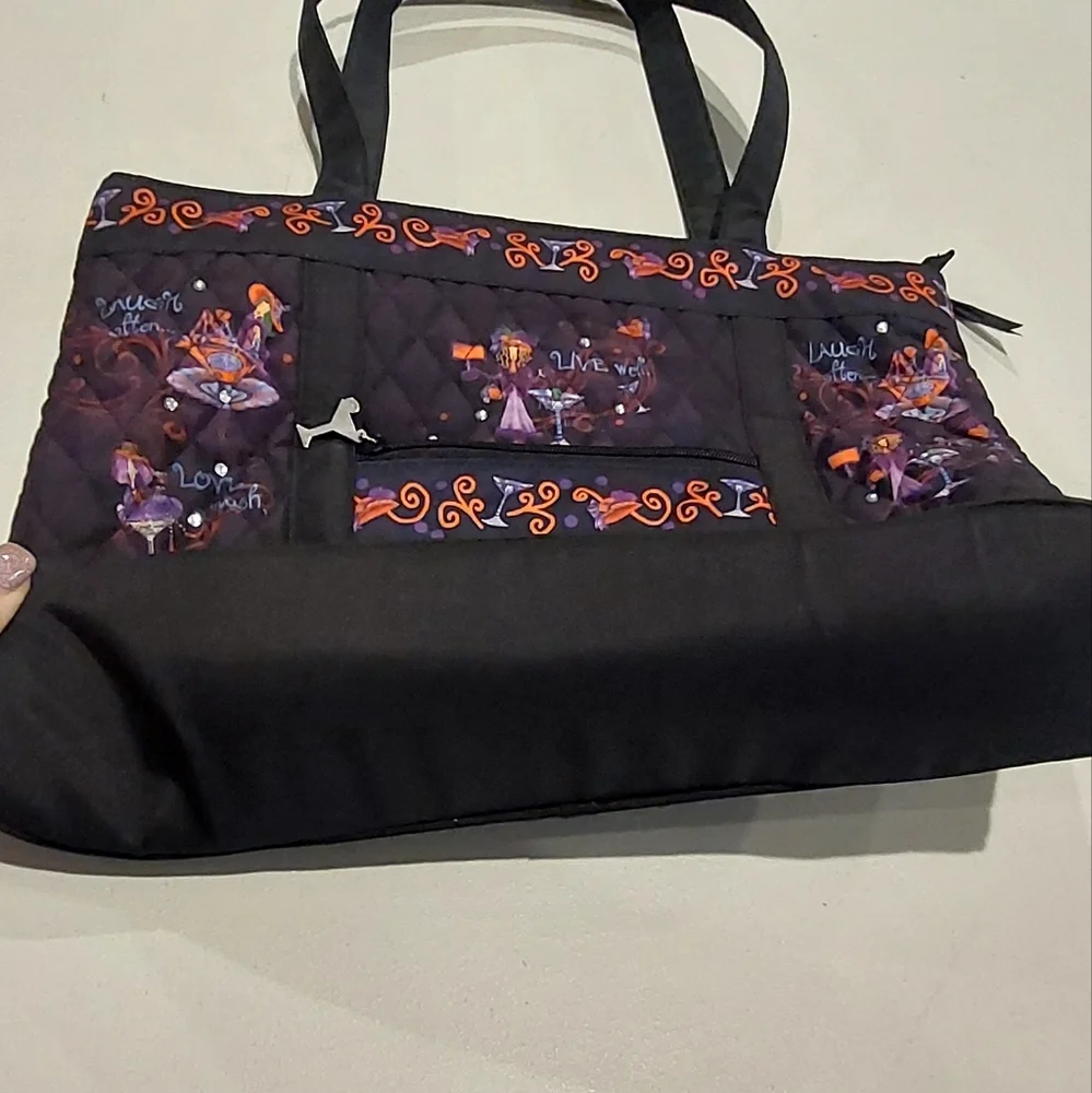 The Bradford Exchange Totes with Tude Quilted Black Purple Wine Glasses Tote Bag